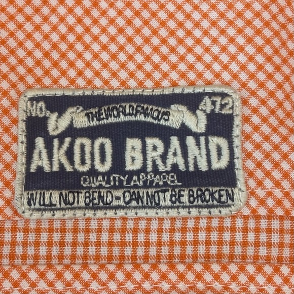 Akoo Plaid Button Up Short Sleeve Shirt Embroidered Patches Orange White XL - Picture 7 of 13